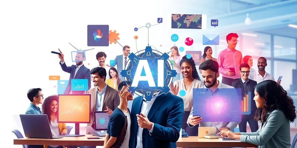Travel AI People collaborating with technology in a vibrant workspace.