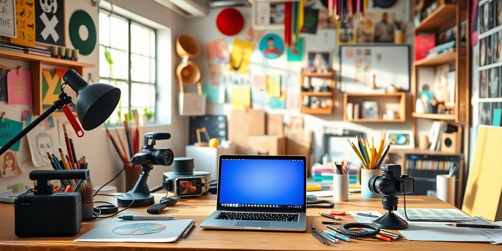 Creative workspace with laptop and artistic tools.