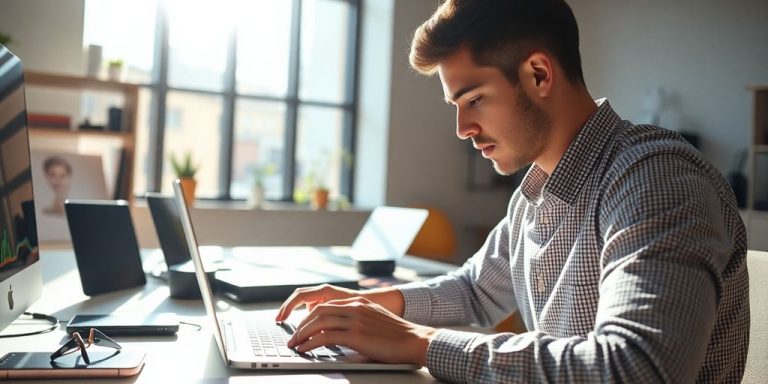 Person using laptop in bright, modern workspace.