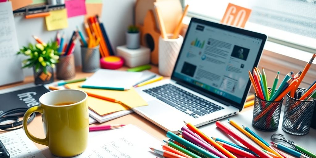 AI in content creation  - A bright workspace with a laptop and writing tools.