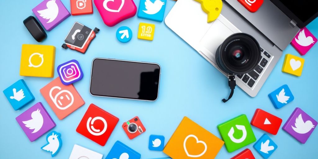 Smartphone, camera, and laptop with social media icons.