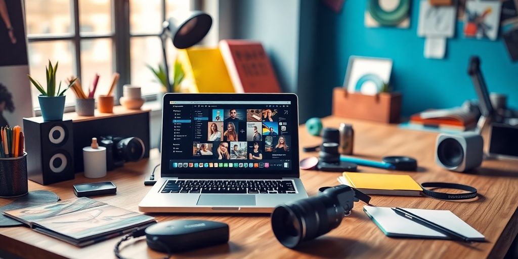 AI in content creation workspace with a laptop and creative tools.