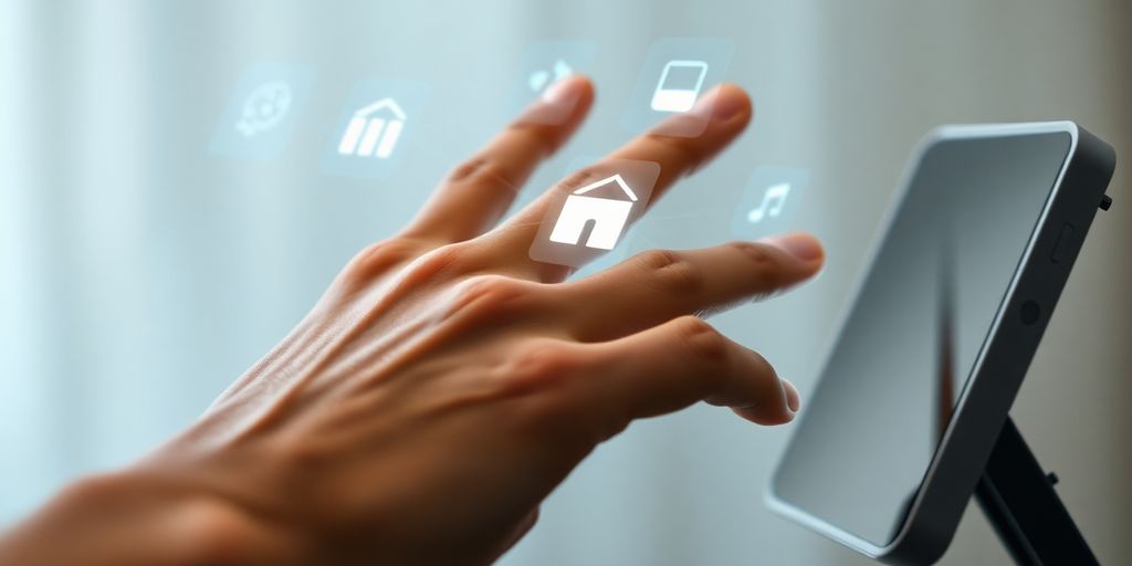Roboterarm reicht Mensch Tablet mit smarten Apps.
