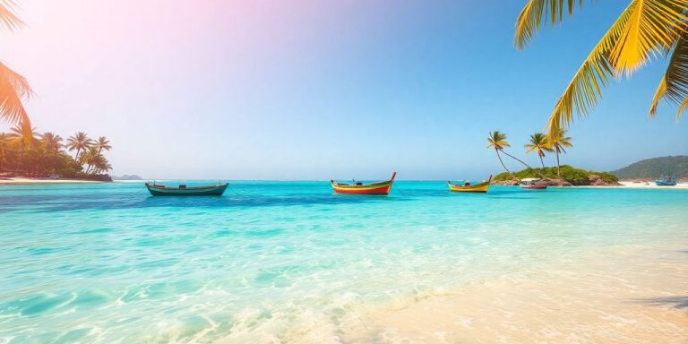 Sonniger Strand mit türkisfarbenem Wasser, Palmen und kleinen Booten.