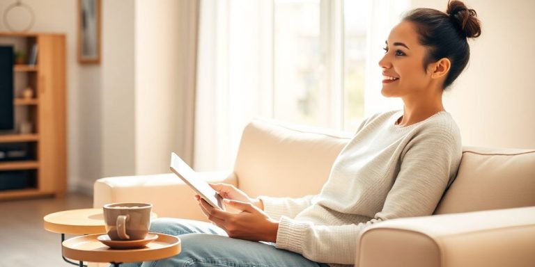 Entspannte Person generiert zu Hause stressfrei Nebeneinkommen.