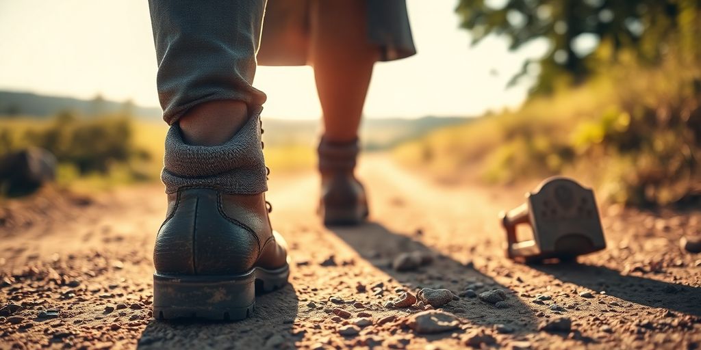 Mutige Person schreitet voran, Sonnenlicht auf dem Weg.