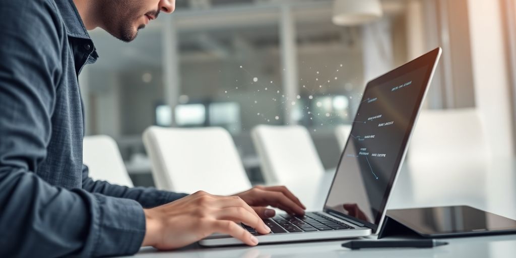Geld verdienen ohne Druck: Person arbeitet an Laptop, erstellt digitale Kurse mit KI.