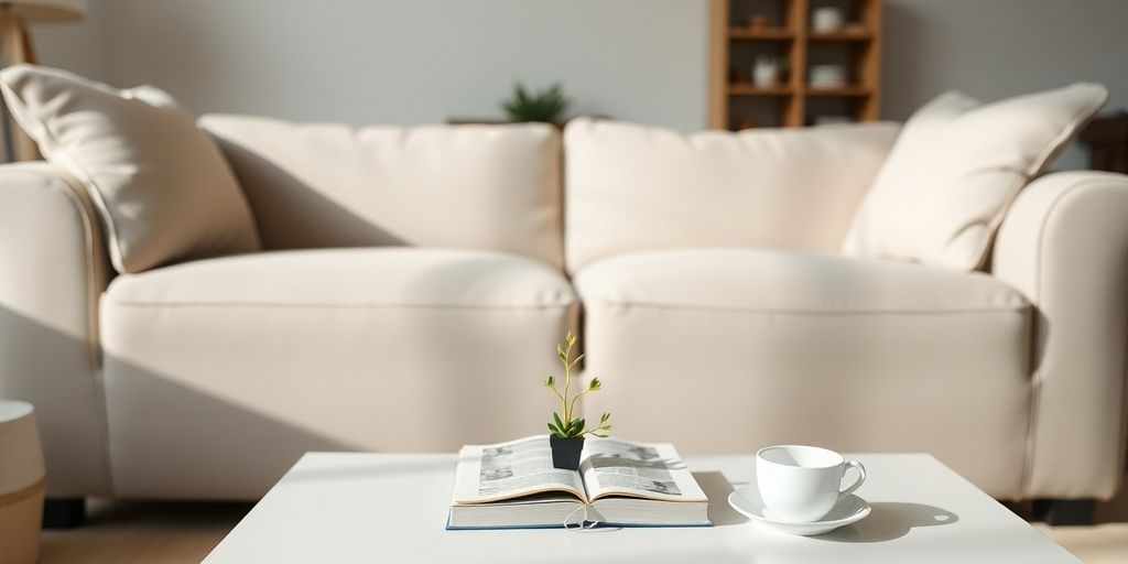 Helles, minimalistisches Zimmer mit drei einfachen Gegenständen.