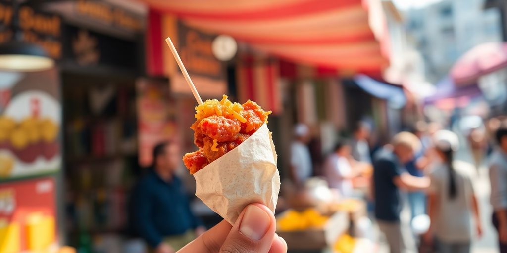 Hand hält lokales Streetfood auf belebtem Markt günstig reisen