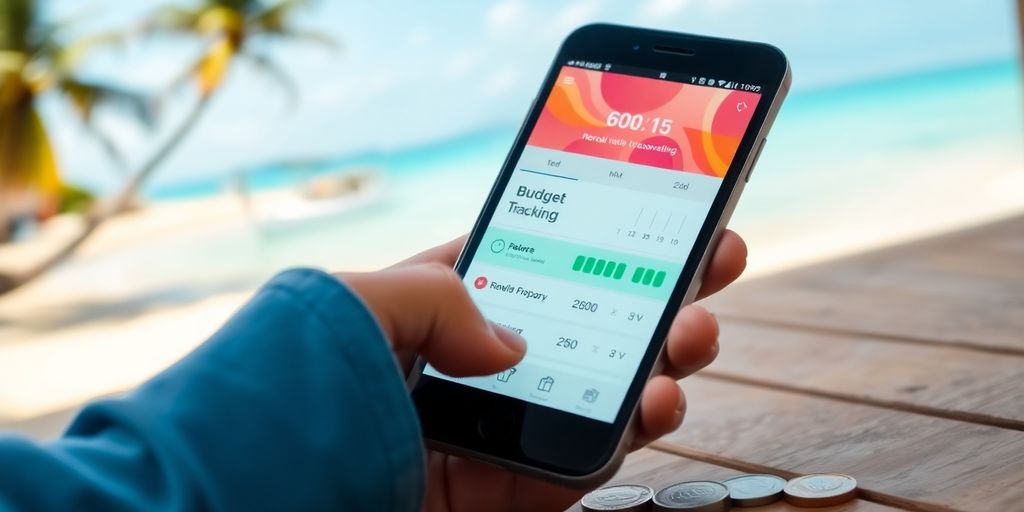 günstig reisen: Smartphone mit Reisebudget-App und Euro-Münzen, blauer Strand im Hintergrund.