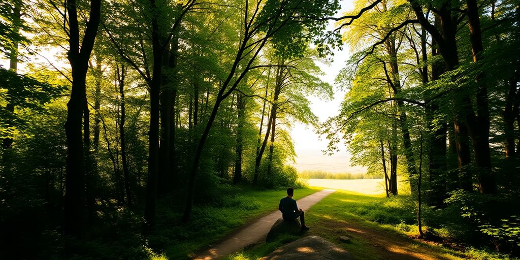 Ruhige Person im Wald mit Blick auf hellen, weiten Horizont. Krise