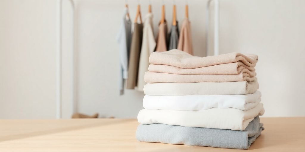 Minimalismus: Minimalistische Kleidung in neutralen Farben auf Holz