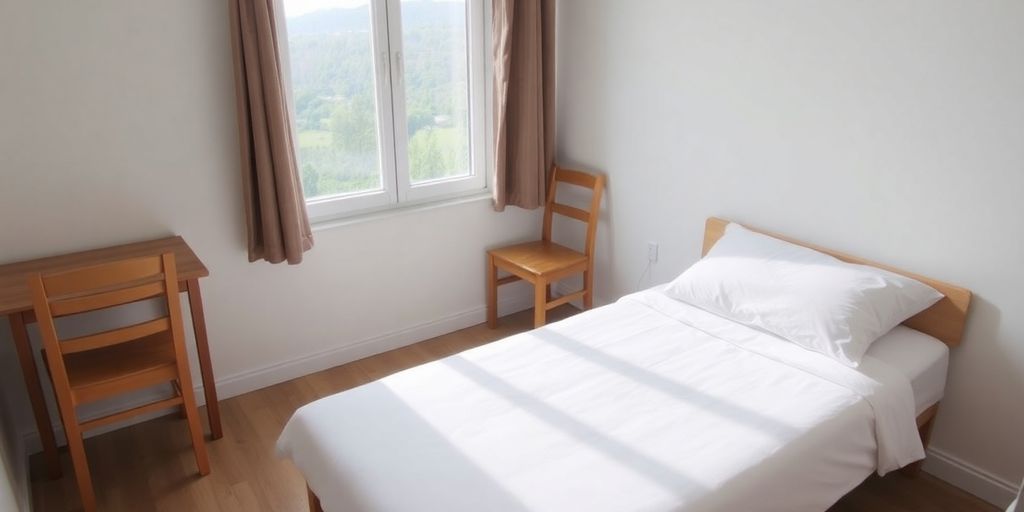 Helles, einfaches Zimmer mit Bett und Fensterblick. günstig reisen