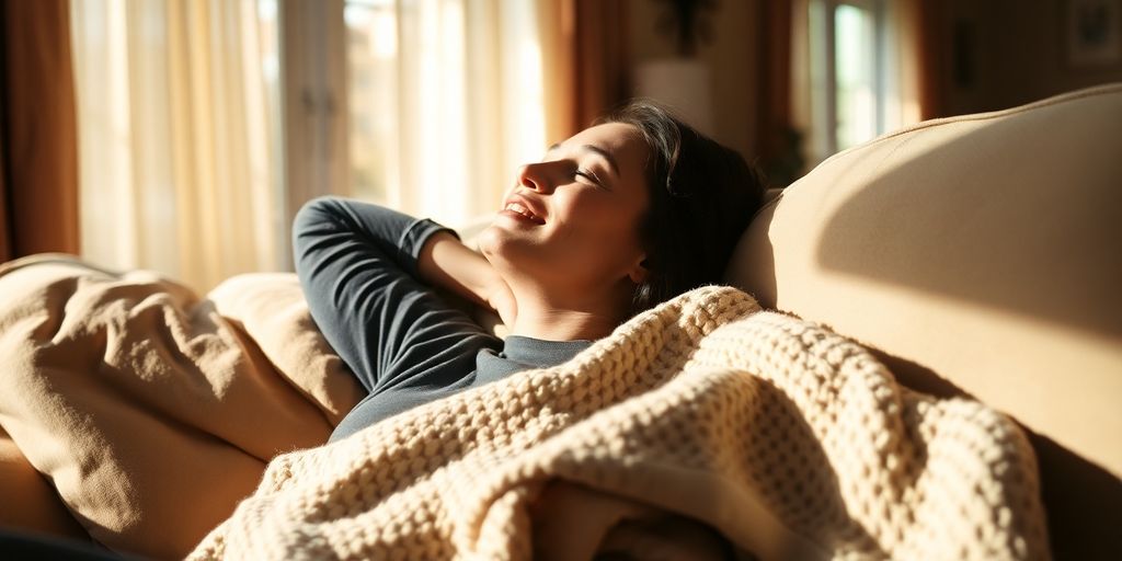 Krise und Burnoutgefahr - .Entspannte Person auf gemütlicher Couch in sonnigem Wohnzimmer.